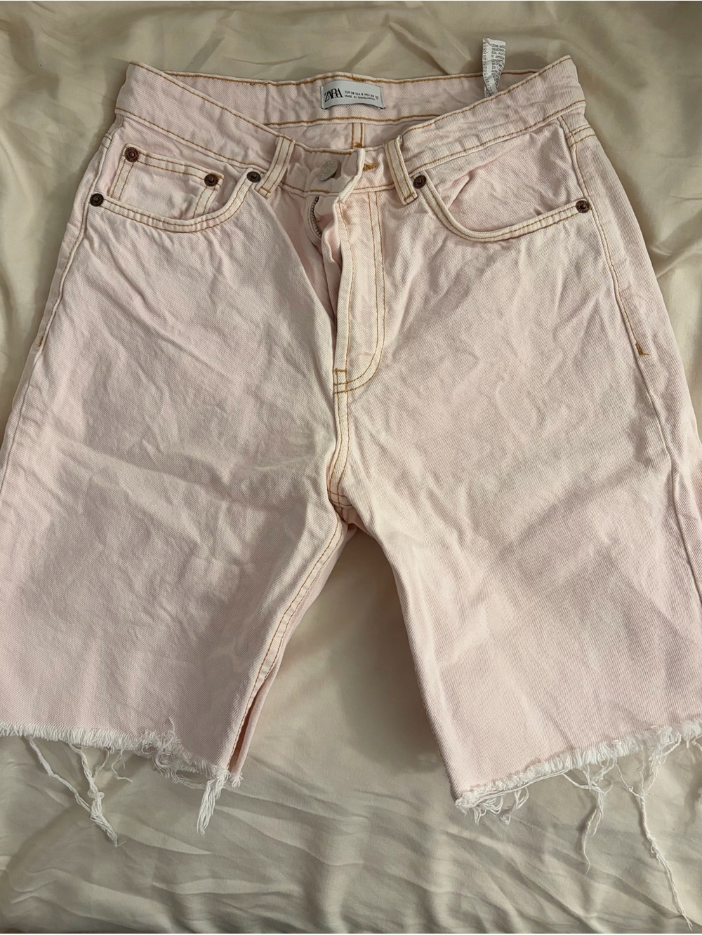 ZARA Pastel Pink Frayed-Hem Denim Shorts
